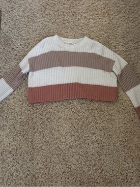 moon & madison Striped Cropped Crewneck Sweater in White, Taupe & Dusty Rose